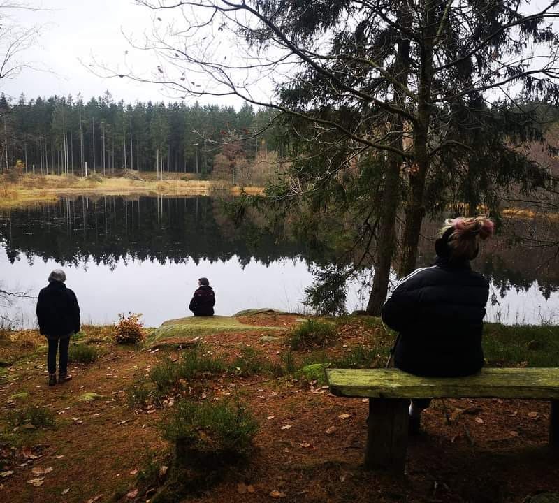 Tre personer i tankepause ved en skovsø ved Puggekullekar.